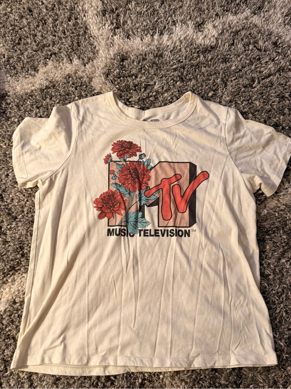 MTV White Tee with Red and Teal Floral Accent